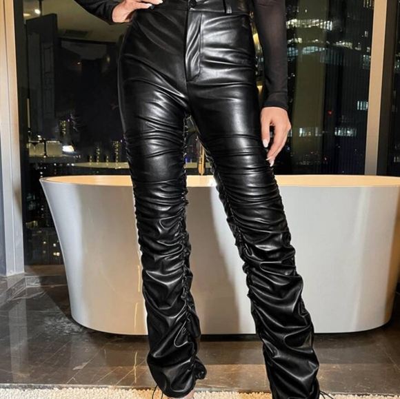 SHEIN Pants - SHEIN Black Drawstring Hem Stacked PU Leather Pants Size Xs New